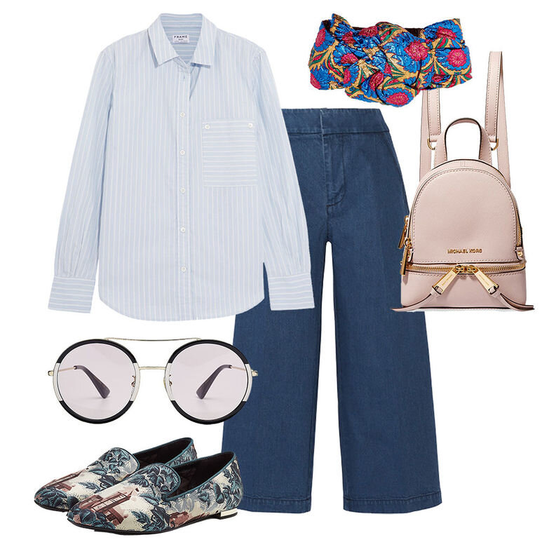 Рубашка Frame, джинсы Marni, лоферы Burberry, рюкзак MICHAEL Michael Kors, очки и чалма — Gucci