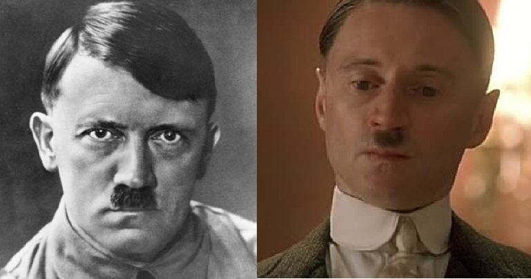 Адольф Гитлер и кадр из фильма "Гитлер. Восхождение дьявола" с Робертом Карлайлом в главной роли.