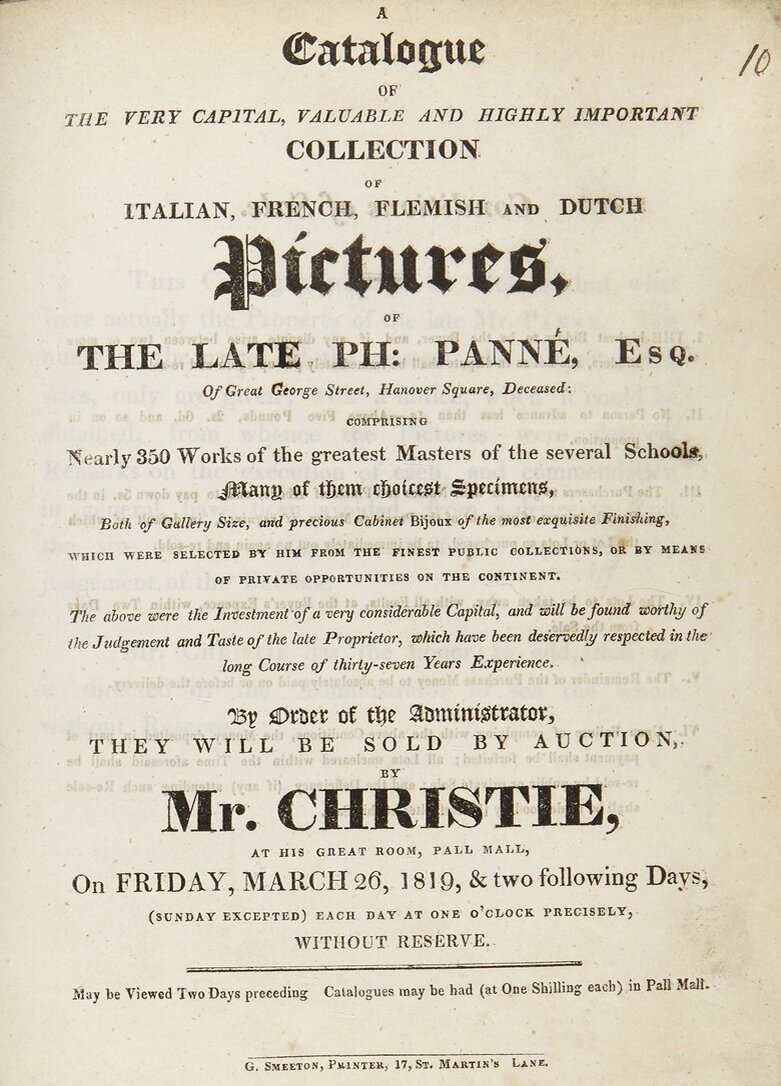 Обложка каталога для аукциона 26 марта 1819 года