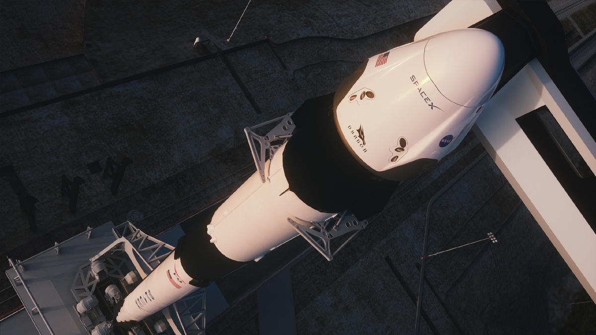 Космический корабль Crew Dragon на ракете-носителе Falcon 9 на стартовой площадке (источник: NASA)