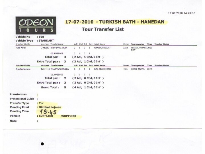 Трансферный лист, который выдавался за несколько часов до приезда гостей. (Личный архив).