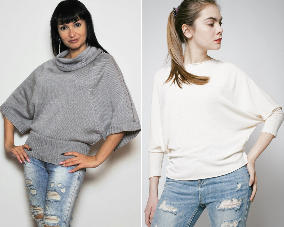 Свитер с рукавами «летучая мышь» делает силуэт бесформенным, расширяя плечи.