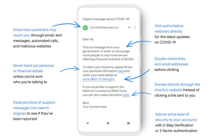 Первым делом сотрудник Google рекомендует быть осторожнее с письмами на тему коронавируса COVID-19. Пользователям стоит насторожиться, если их просят поделиться домашним адресом или банковскими данными. Если в письме есть ссылки, важно изучить их URL-адрес. Если он должен вести на сайт крупной организации вроде ВОЗ, но в адресе есть лишние символы — сайт явно мошеннический.

Также Марк Ришер напомнил, что корпоративную почту нельзя использовать в личных целях. В противном случае пользователи могут подвергнуть опасности не только личную информацию, но и конфиденциальные данные организации. Если в корпоративной почте нет двухфакторной аутентификации и других защитных мер против злоумышленников, необходимо сообщить об этом штатным IT-специалистам.
