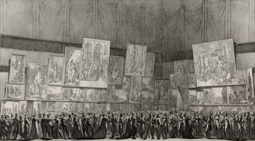 Антуан Максим Монсальди(Antoine Maxime Monsaldy), "Вид на картины, выставленные в Центральном музее искусств в VIII году", 1800 г., эстамп . Картину Бенуа можно увидеть в центре слева.