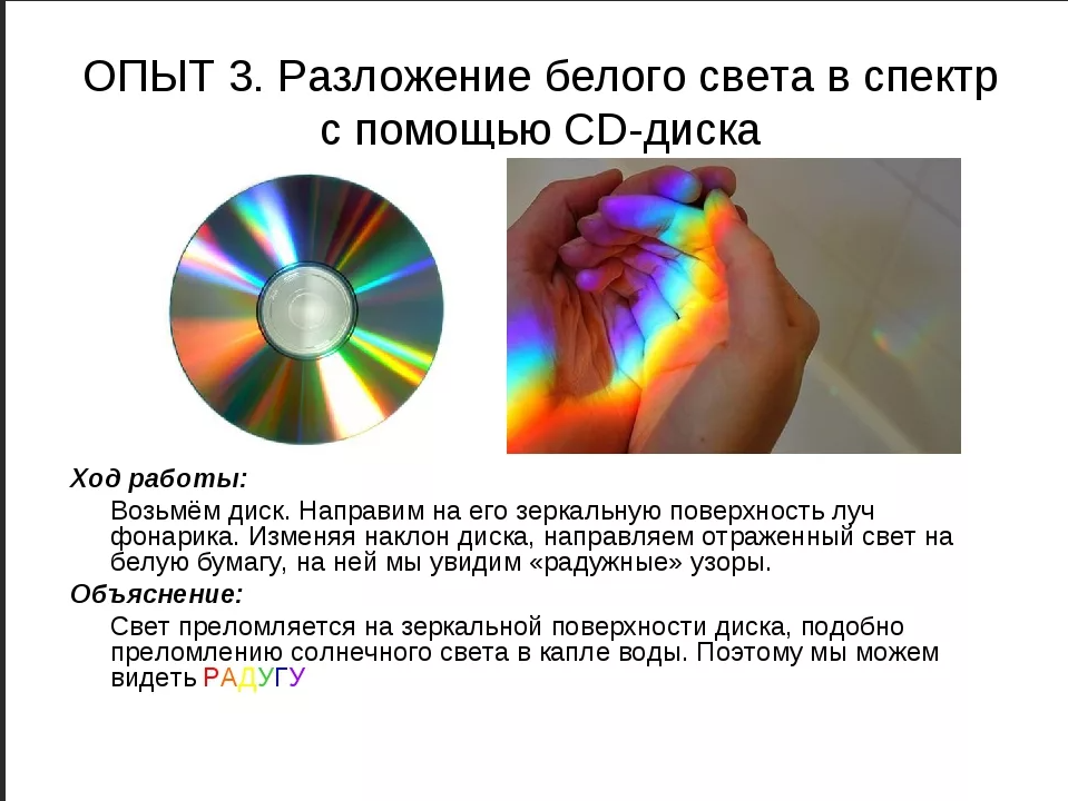 Эксперименты со светом. Опыт Радуга. Опыт с диском спектр света. Опыт на радугу с помощью CD диска. Как можно получать и наблюдать спектр