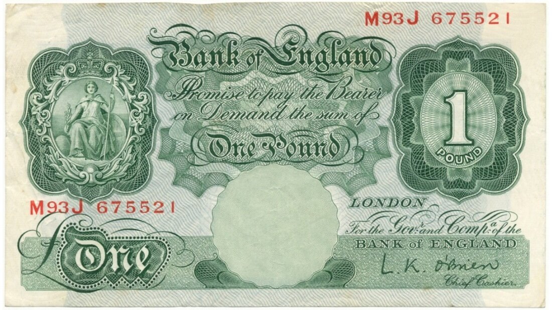 Не похожая на современные банкнота 1 фунт стерлингов – купюра 1955-го года