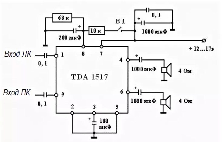 Схемы УНЧ на TDA1517, ТDА1519, TDA1519A, TDА1519B,TDA1519Q (6-11Вт)
