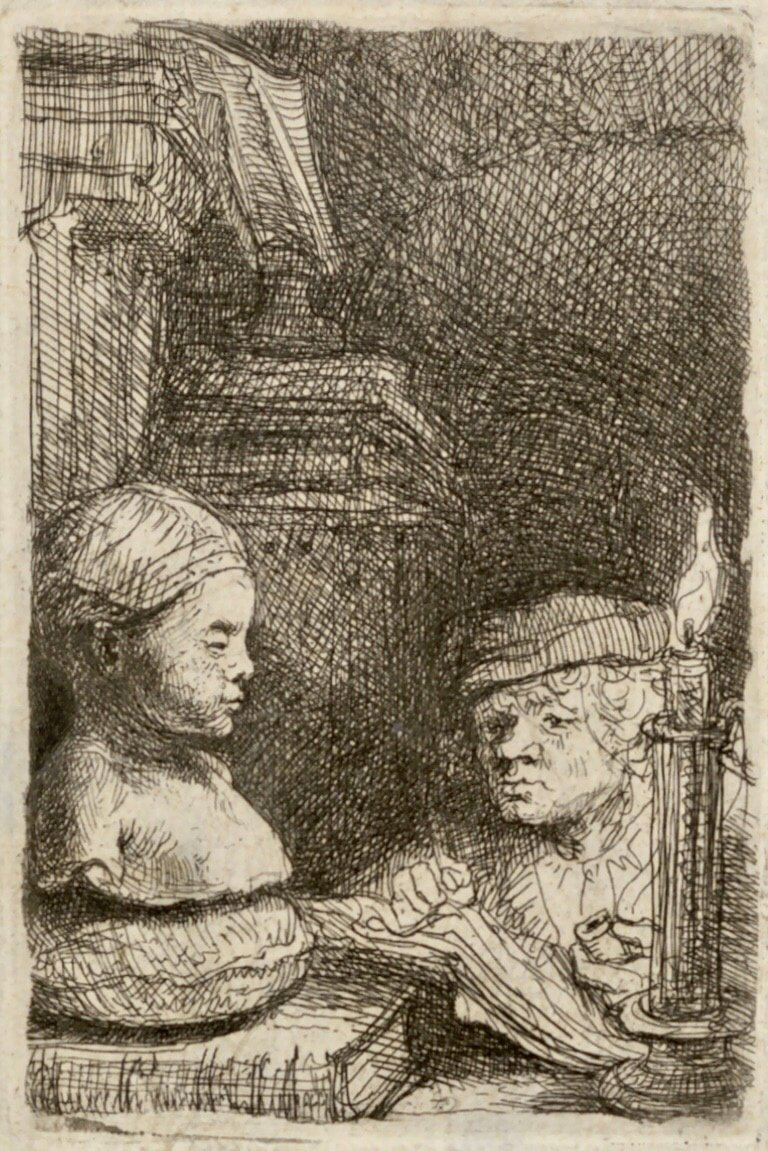 Рембрандт Харменс ван Рейн (1606–1669) 
Мужчина, рисующий слепок (Автопортрет?)
Около 1641
Офорт
НИМ РАХ