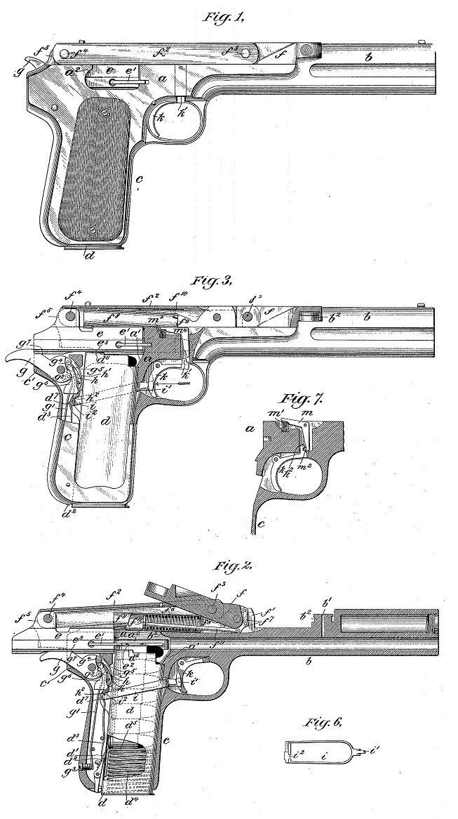 Пистолет Браунинга. Рисунки из патента.