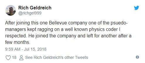 "Один из "псевдо-манагеров" постоянно издевался над известным программистом, которого я уважал. Он уволился спустя несколько месяцев ".