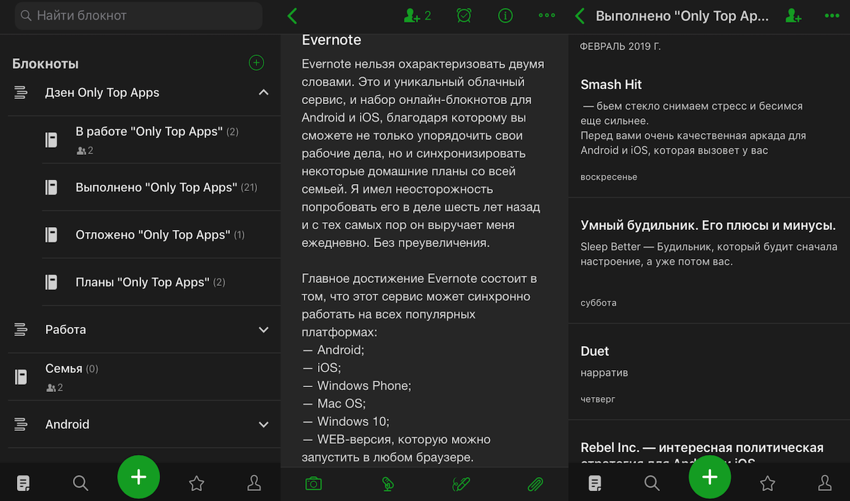 Так выглядит Evernote и данный пост (перед финальным редактированием) на iPhone.