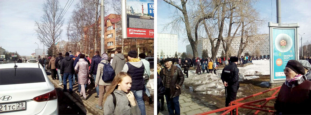 На фото слева: маршируем вдоль проспекта. Фото справа: начало митинга, голубой волейбольный плакат - моего дизайна. Фоточки у меня так себе, сорри.