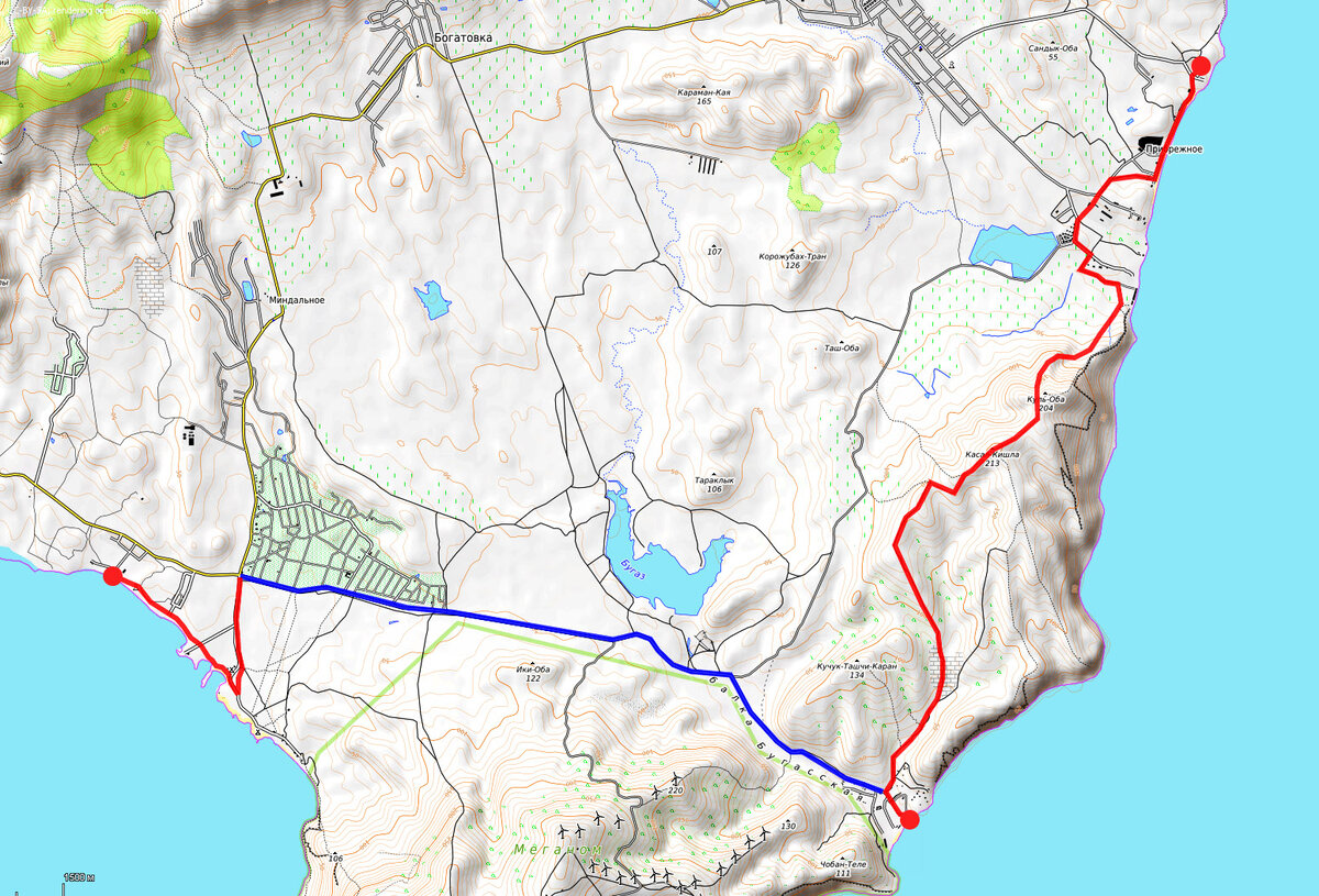 Пятый день нашего Крымского путешествия. Красным - пеший путь. Синим - проехали на попутке