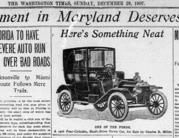 Реклама Ford T в газете Washington Times, 1907 год