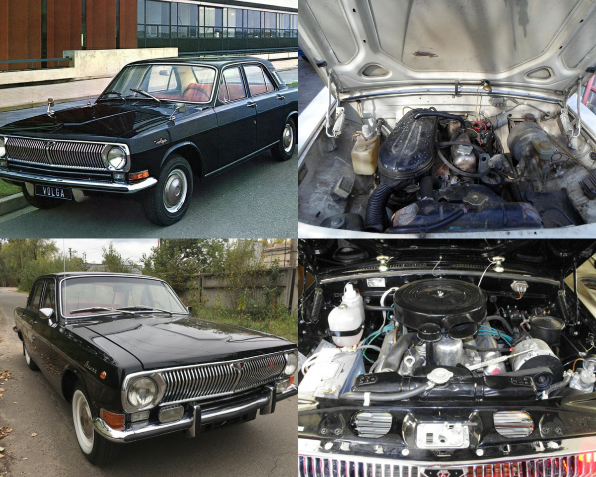 Серийный Газ-24 с четырёхцилиндровым двигателем - верхний ряд. Газ-24-24 с двигателем V8 - нижний ряд.