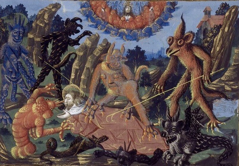 Миниатюра об искушении святого Антония из книги “Золотая легенда”. Издание 1470 года, Франция. И. Босх