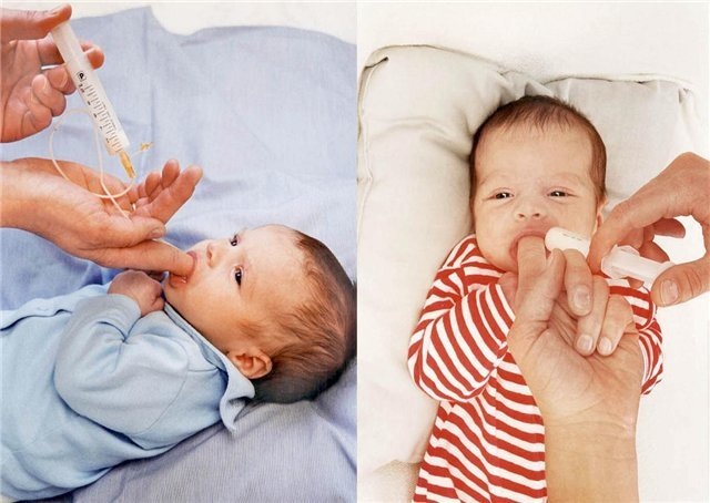 Кормление ребенка грудным молоком с помощью шприца.