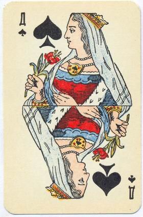 Картина маслом Пиковая дама - игральная карта, стилизованная символами жизни и смерти