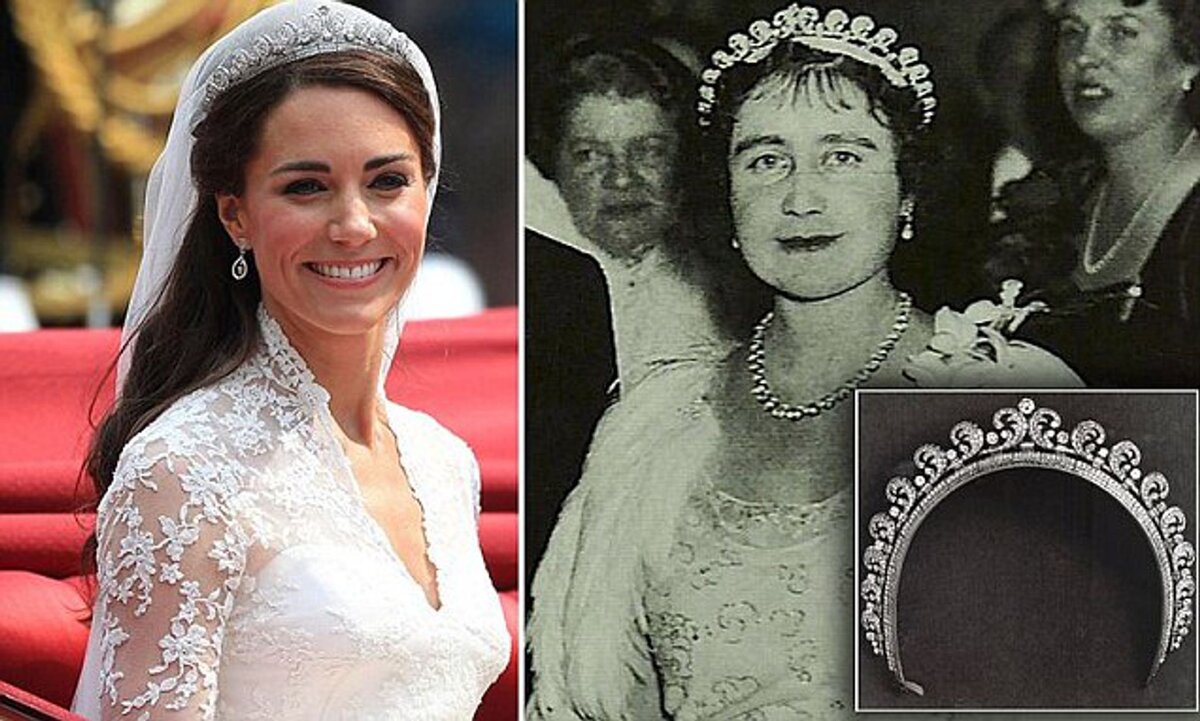 Первая владелица тиары Cartier Halo Елизавета Боуз-Лайон, в будущем — королева-мать, и Кейт Миддлтон в день своей свадьбы
