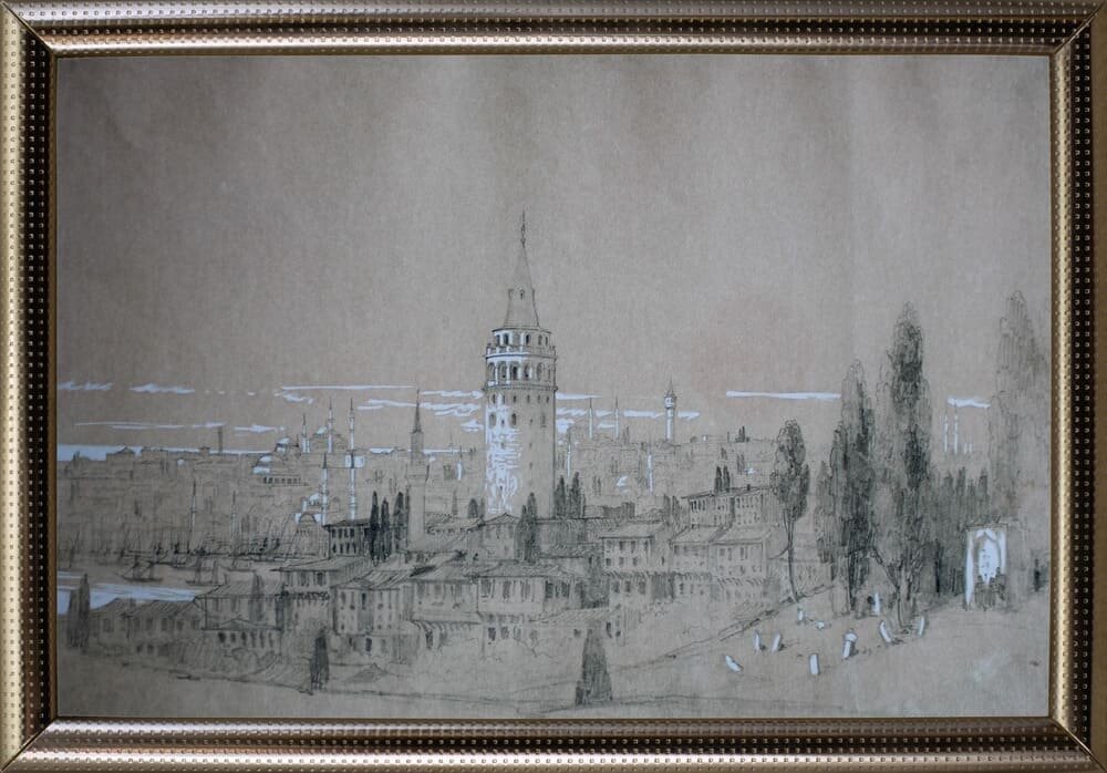 "Константинополь.Галатская башня" 1840 г., бумага, графитовый карандаш, белила, размер 31.2*47.5