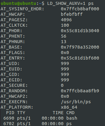 Вспомогательный вектор LD_SHOW_AUXV для процесса ps в Linux.