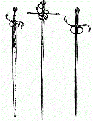 Испанский меч, испанская рапира толедского мастера Себастьяно Эрнандеса, итальянская рапира XVI век (слева-направо)