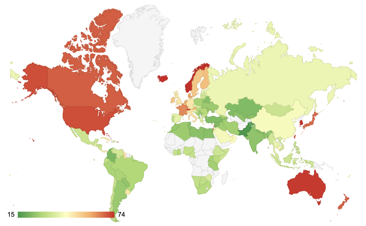 Чем зеленее, тем дешевле обойдется семье питание в выбранной стране. Сколько слежу за этим индексом, никогда не видел Штаты такими красными