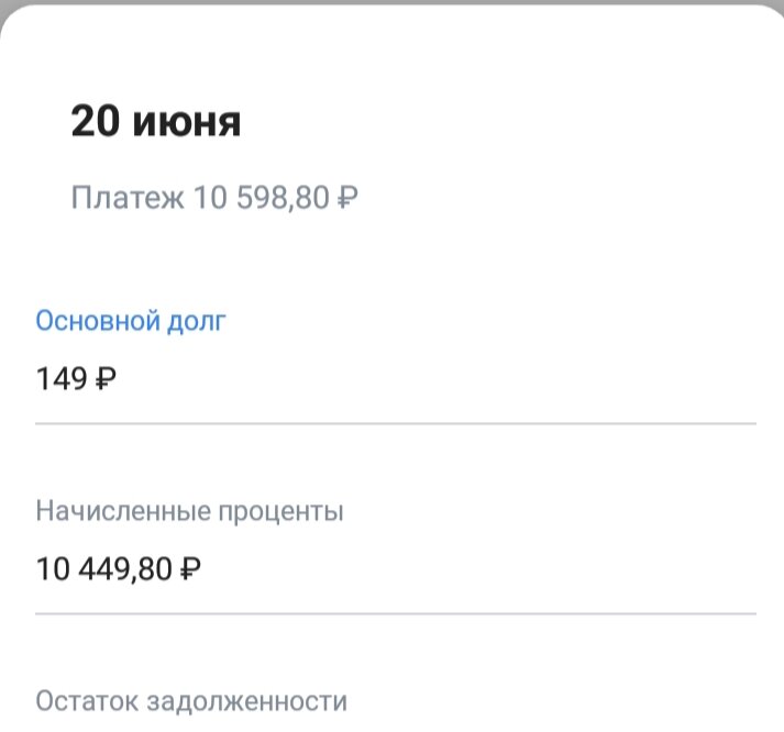 2016 год 10449.80 руб - это проценты, 149 руб - это основный долг. Итого ежемесячный платеж 10598.80 руб.