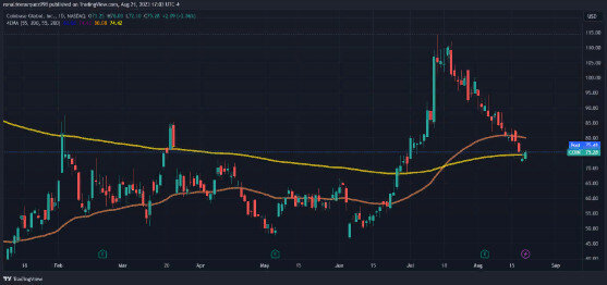 Акции Coinbase (COIN) впервые восстановились после резкого падения на дневном графике. Источник: COIN на TradingView.com