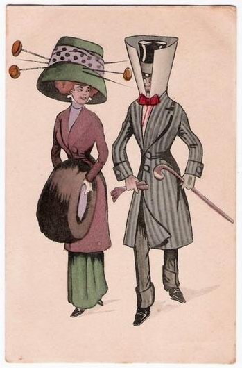 карикатура рубежа 1900-1910-х годов на огромные дамские шляпы, державшихся на головах при помощи шляпных булавок, насквозь пронзавших и шляпу, и прическу.