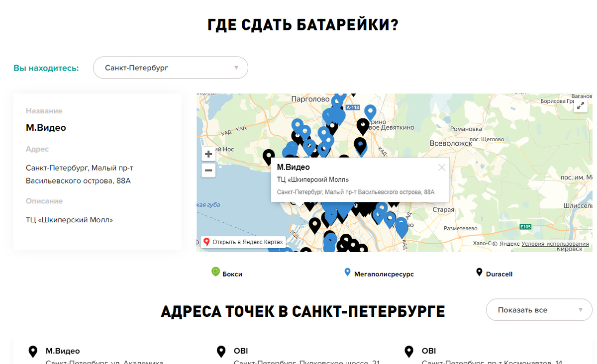 Пример точек сбора для Санкт-Петербурга с организацией от компаний «Бокси», «Мегаполисресурс», Duracell.