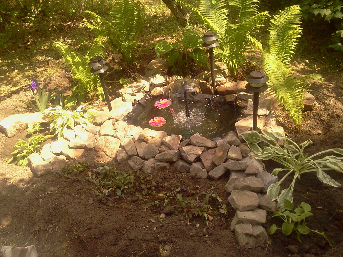 Прудик после завершения обустройства. Потом расстения разрастутся, и закроют изъяны.