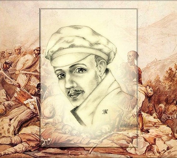 Рисунок О.Н.Шарко на фоне акварели «Битва при Валерике»