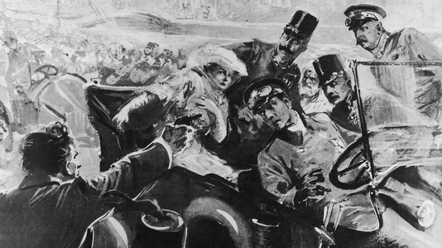Гаврило Принцип убивает Франца Фердинанда. Рисунок из австрийской газеты, 1914