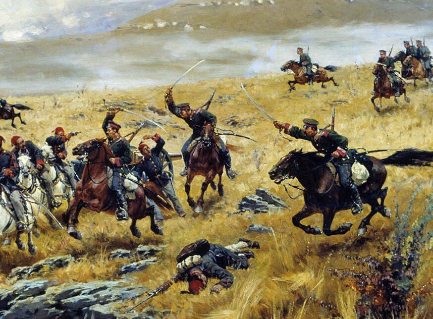 Фрагмент картины "Нижегородские драгуны, преследующие турок по дороге к Карсу во время Аладжинского сражения 3 октября 1877 года".