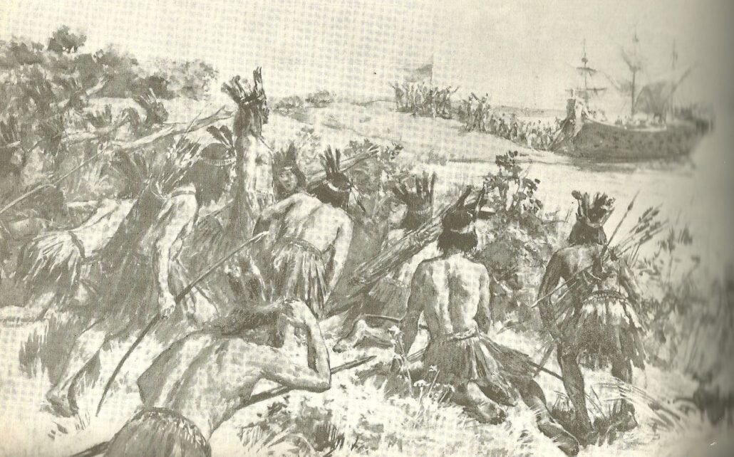 Индейцы Ла-Платы и экспедиция Солиса (из книги "Historia Argentina" А. де Сантильяна, рисунок сделан не раньше 1860 г.)