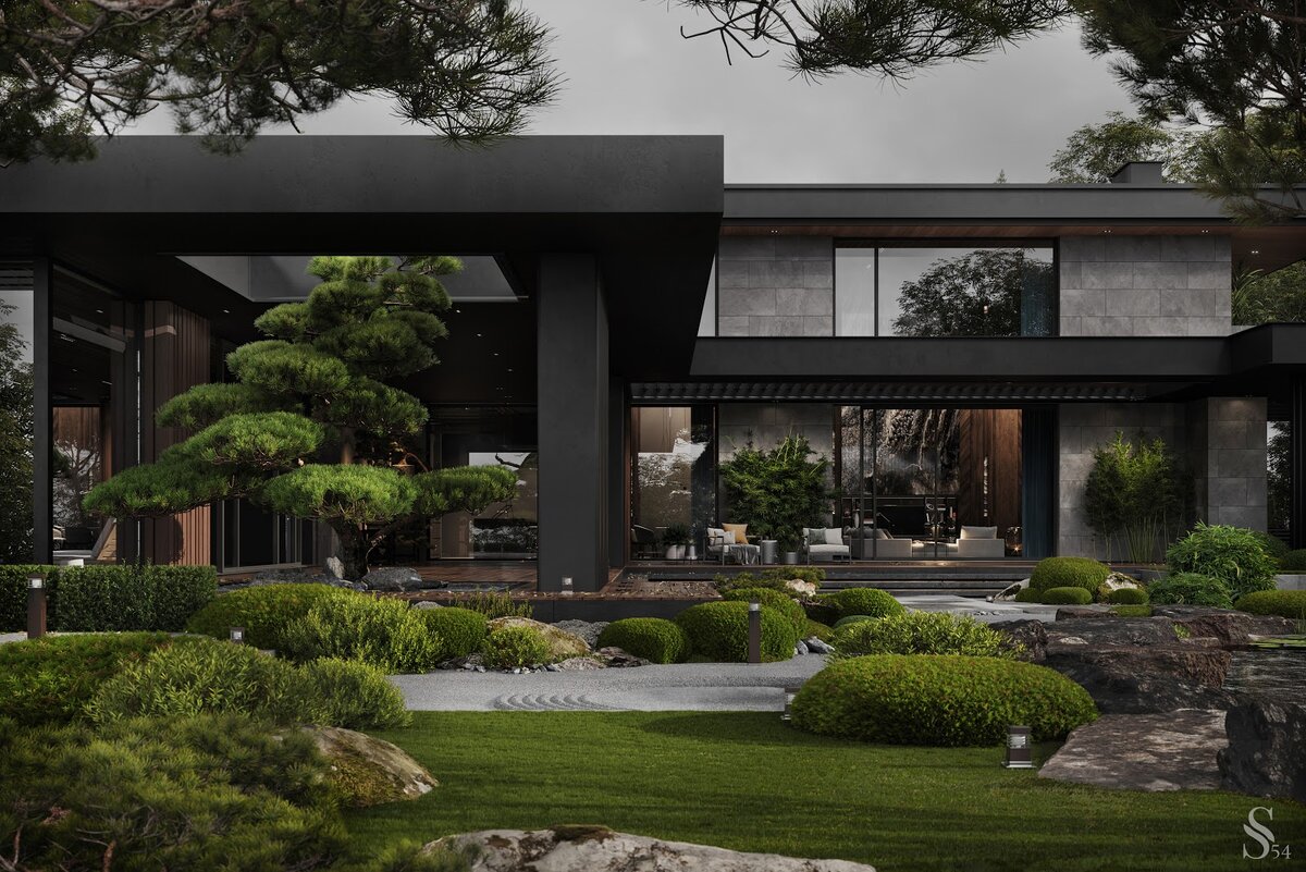 Фасад дома выполнен из термообработанного дерева и керамогранита