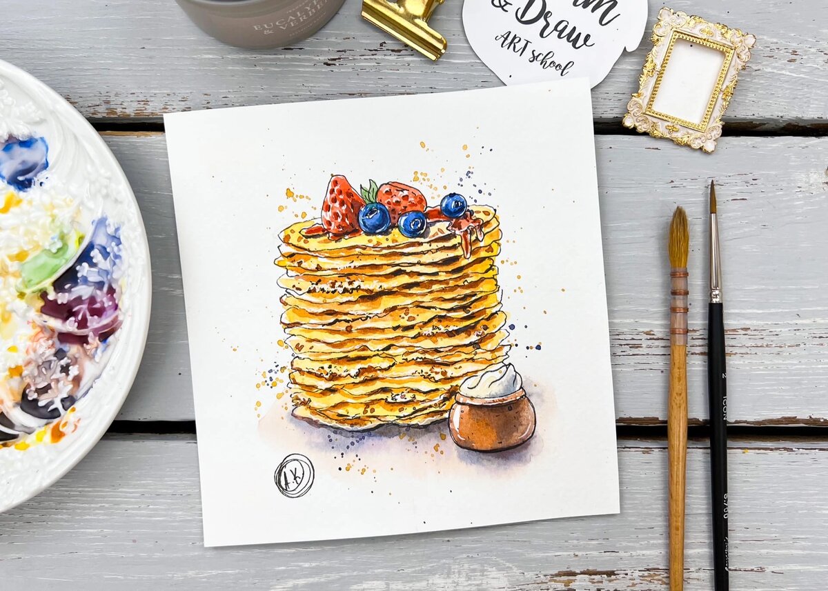 Это фото рисунка блинов, который можно выполнить по мастер-классу. Ссылка https://vk.com/wall-174351686_262541