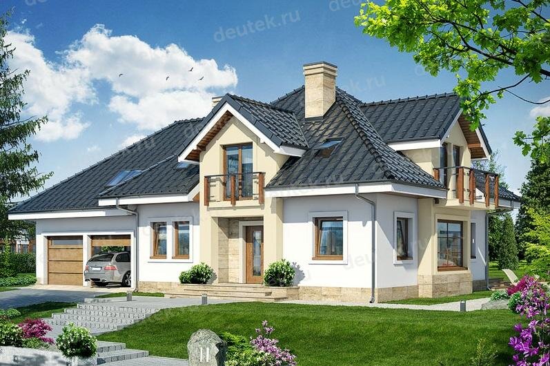 Проект дома 258 м2 с мансардой, двухместным гаражом, балконом и террасой