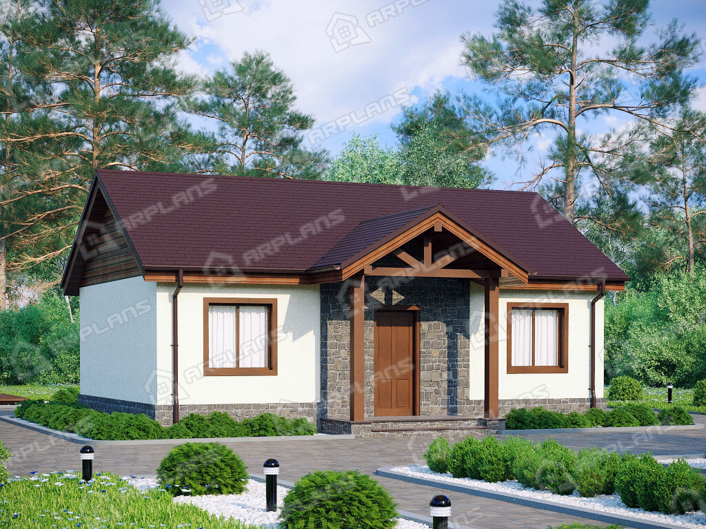 Фото 1 одноэтажного дома из газобетона с 2 спальнями и террасой. Общая площадь 56 кв м. Источник arplans.ru Проект К-205