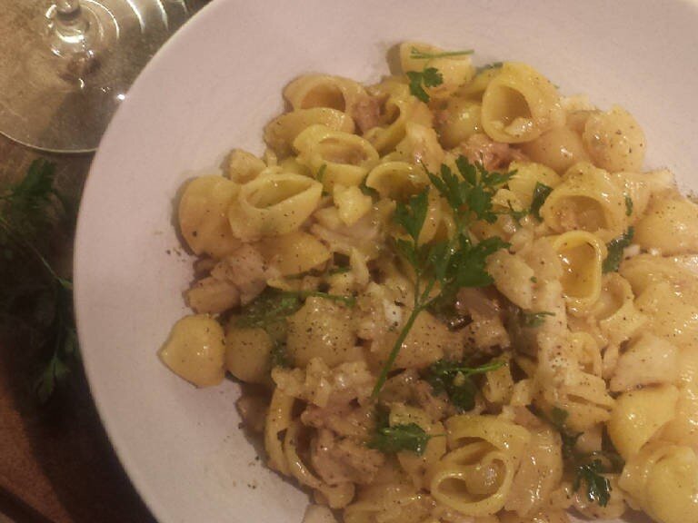 Карбонара из печени трески