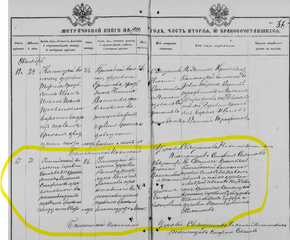 Метрическая книга Белькинской Ильинской церкви за 1910 год. Сведения о бракосочетании моих прадедов (обведено желтым).