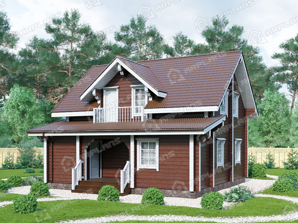 Фото 2 двухэтажного дома из бруса с мансардой, 3 спальнями, балконом, эркером, газовой котельной и террасой. Общая площадь 126 кв м. Источник arplans.ru Проект ДС-133 