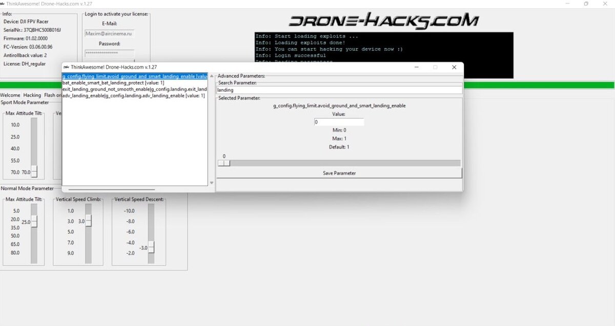 Изменение параметров в программе DroneHacks