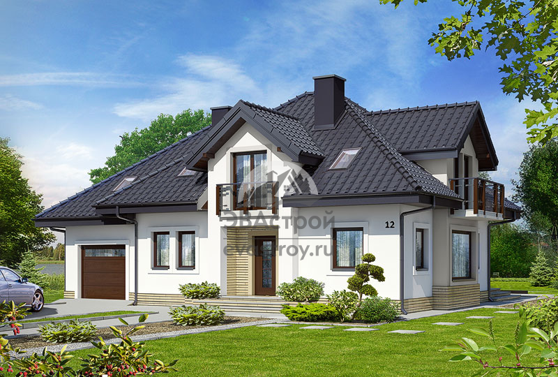 Проект дома 217 м2 с мансардой, гаражом, балконом и террасой - 102-97