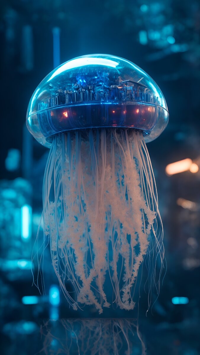 An otherworldly mech jellyfish with a luminescent blue gel body and a complex system of electronic components, rendered in a hyperrealistic style with a dreamy haze.