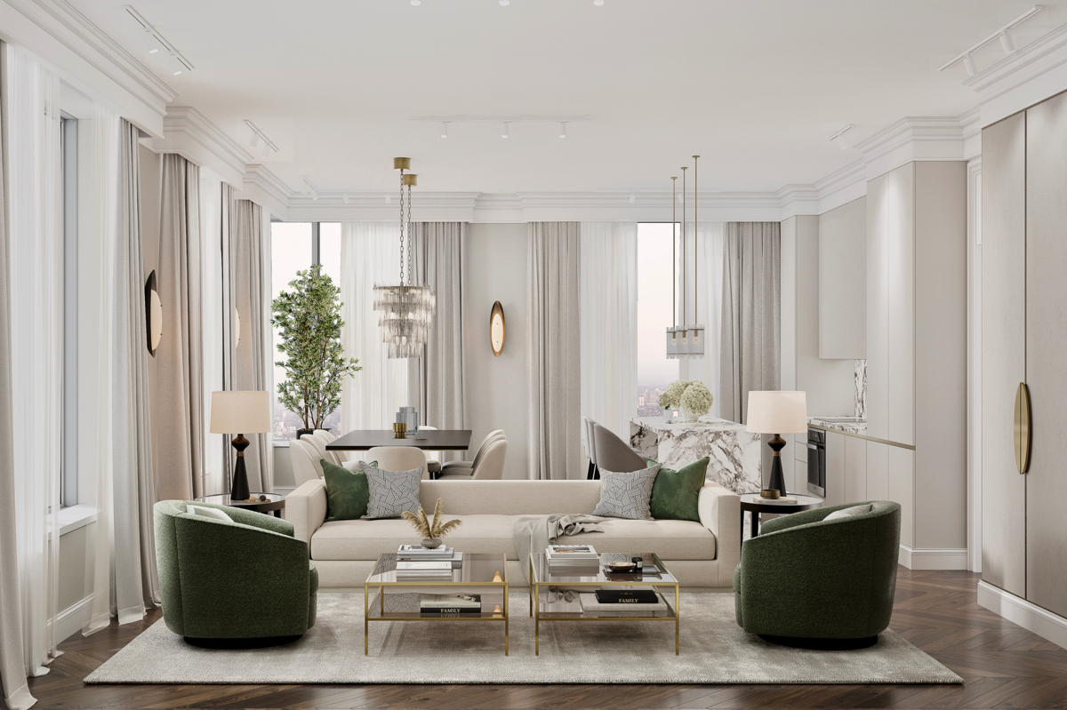 Гостиная в ЖК West Garden, одна из версий проекта Victoria Vlasova Interiors 