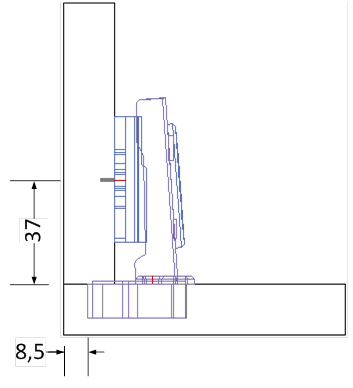 Рис. 2. Петля Intermat. Монтажная планка с дистанцией 3 мм. Угол открывания 110 град.