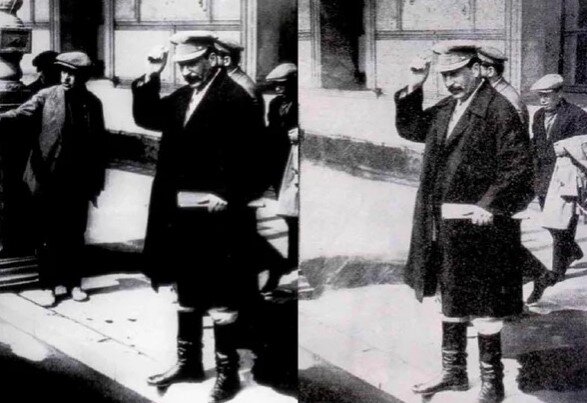 Этот пример сталинского "фотошопа" довольно безобиден: просто, видимо, кому-то из идеологических чинов того времени показалось оскорбительным, что к вождю слишком близко "подобрался" простой прохожий - вот и искоренили неучтивца...хорошо ещё, только на бумаге