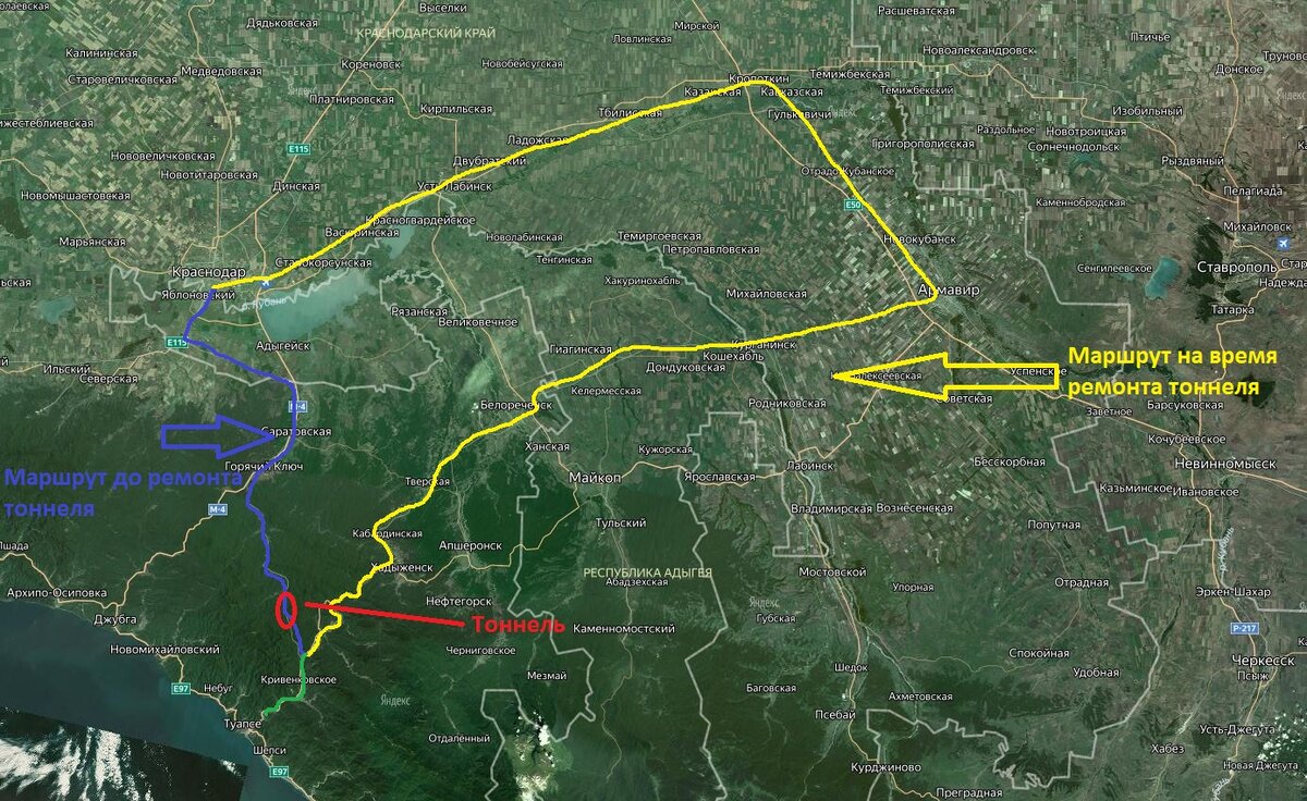 Желтым показан маршрут поезда на время ремонта тоннеля